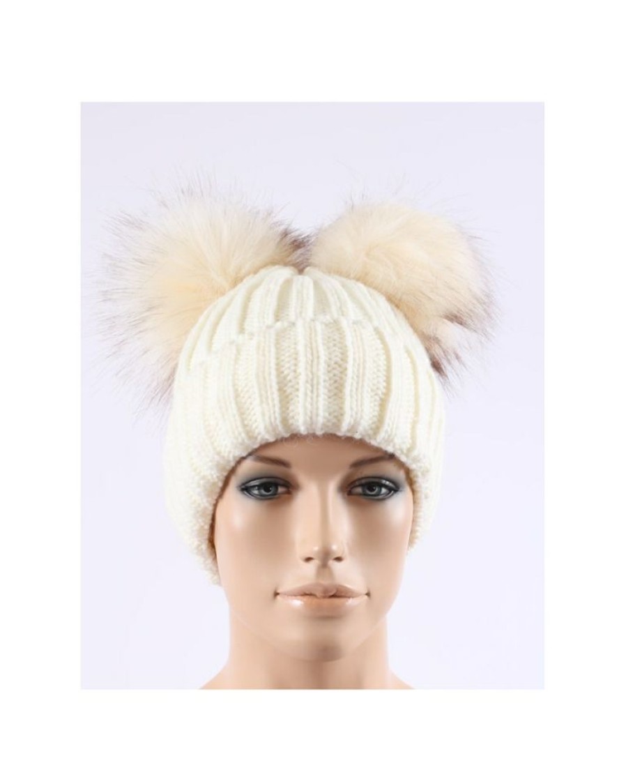 Ladies Hats * | Best Price Just 1 Time Ladies' Cream Dual Fur Pom Beanie