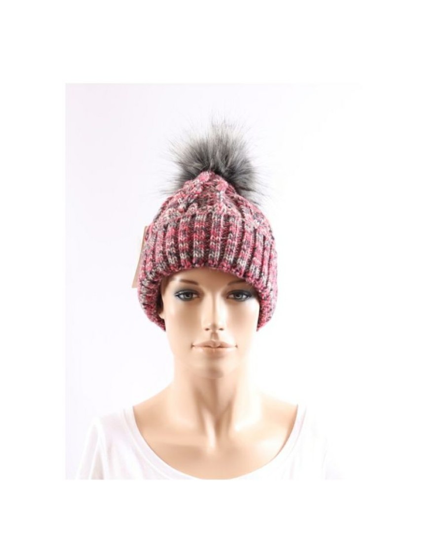 Ladies Hats * | Best Price Just 1 Time Ladies' Grey/Pink Pom Beanie