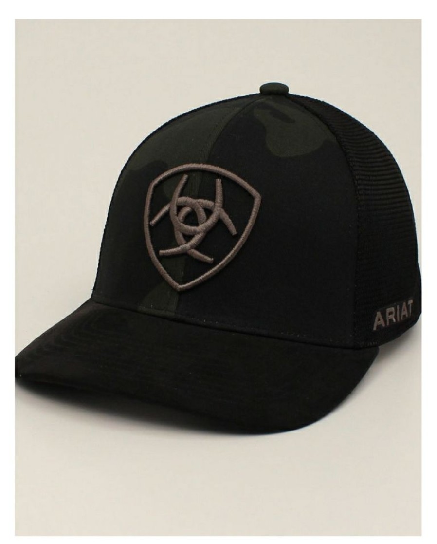 Mens Hats * | Hot Selling Ariat Men'S Black Camo Logo Cap