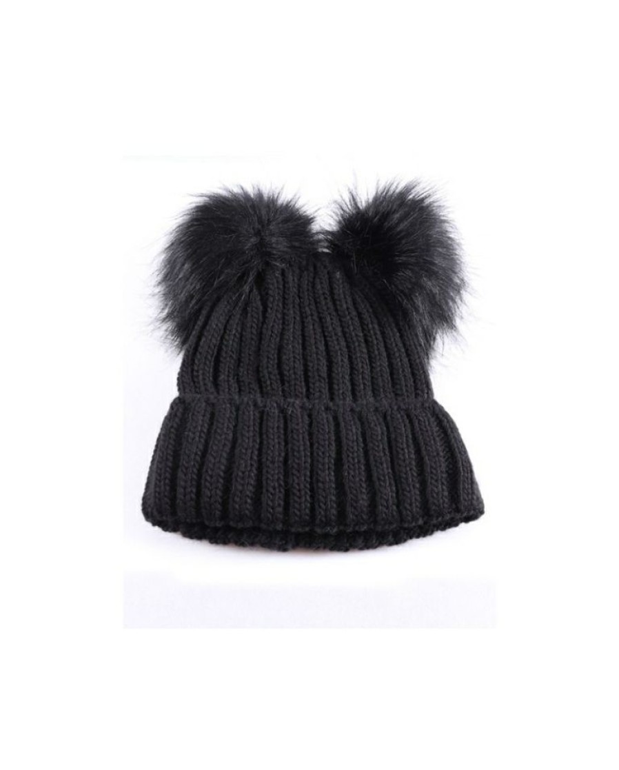 Ladies Hats * | Reasonable Price Just 1 Time Ladies' Black Dual Fur Pom Beanie